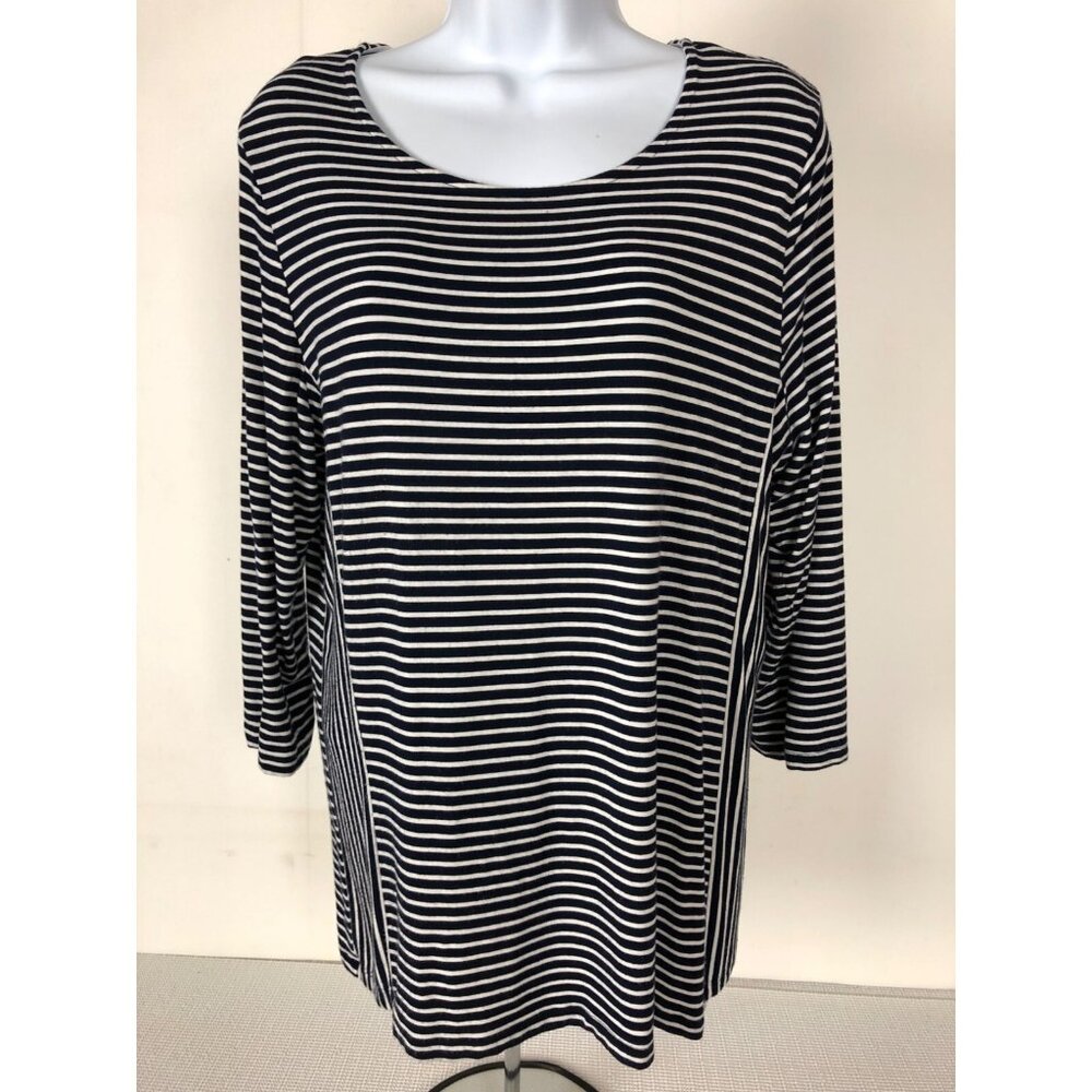 Anne French Top Women Size L  Black White Thin Stripe Round Neck 3/4 Sleeves